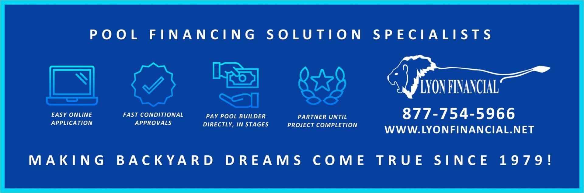 A blue banner with the words " financing solution specialist " and " third dreams come true."